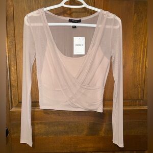 Forever 21 Dusty Blush Mesh Wrap-Front Long Sleeve Crop Top